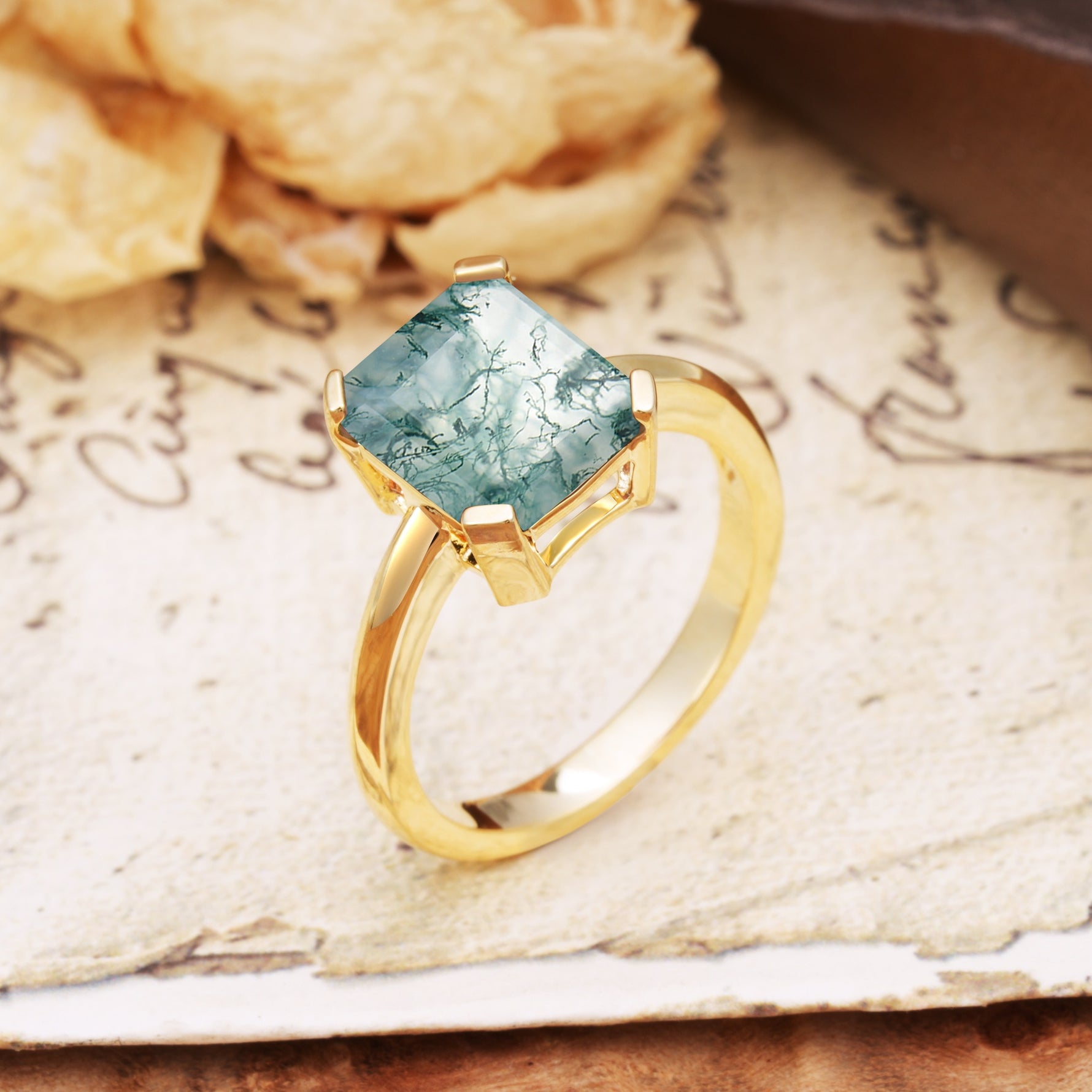 Classic 4 Prong Emerald Cut Moss Agate Statement Ring - Additional view
