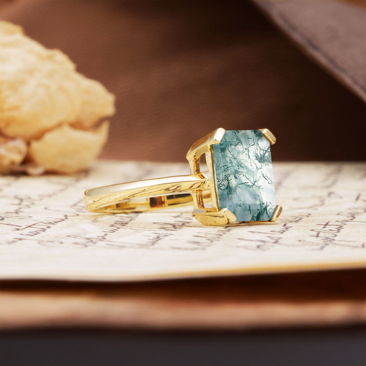 Classic 4 Prong Emerald Cut Moss Agate Statement Ring - Additional view
