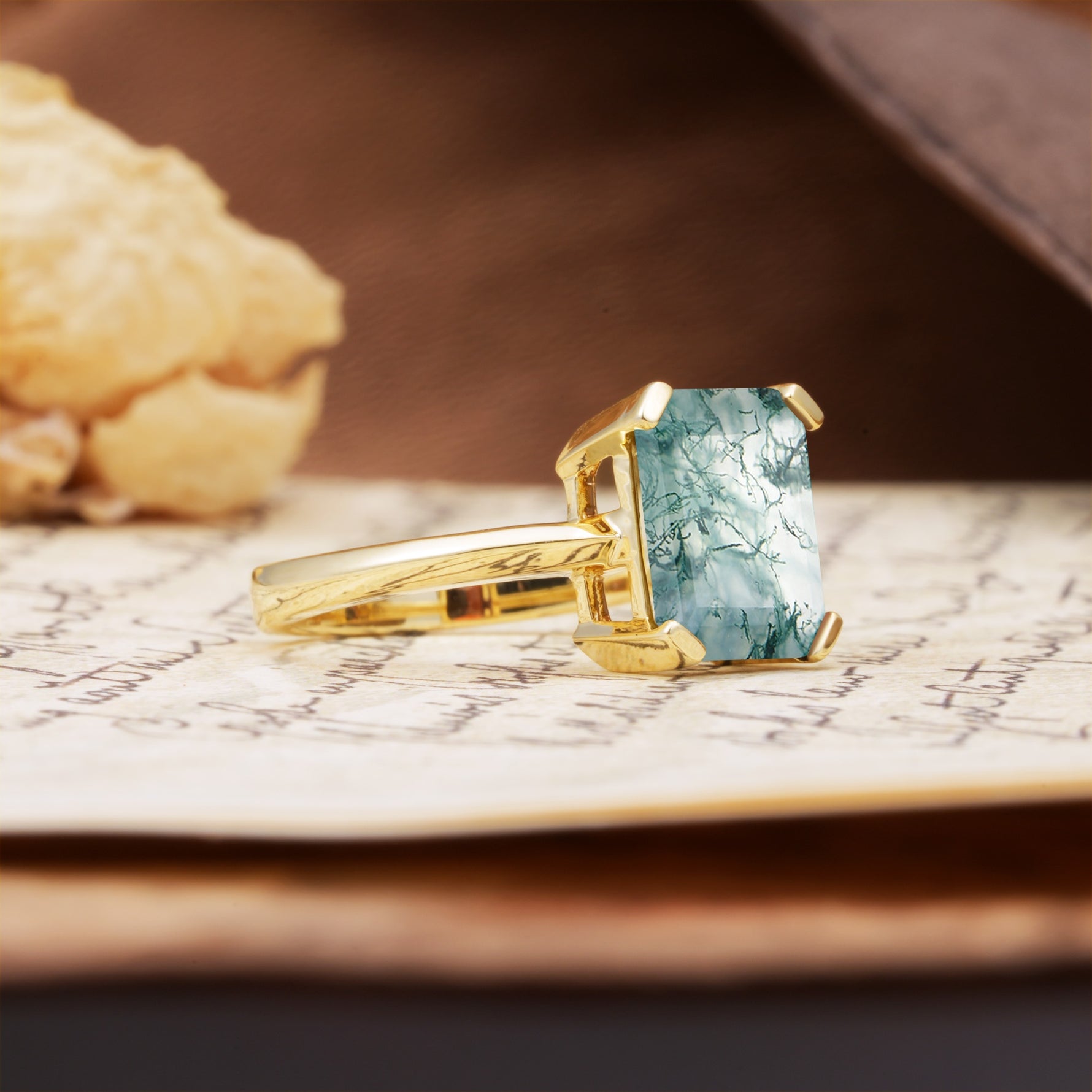 Classic 4 Prong Emerald Cut Moss Agate Statement Ring - Additional view