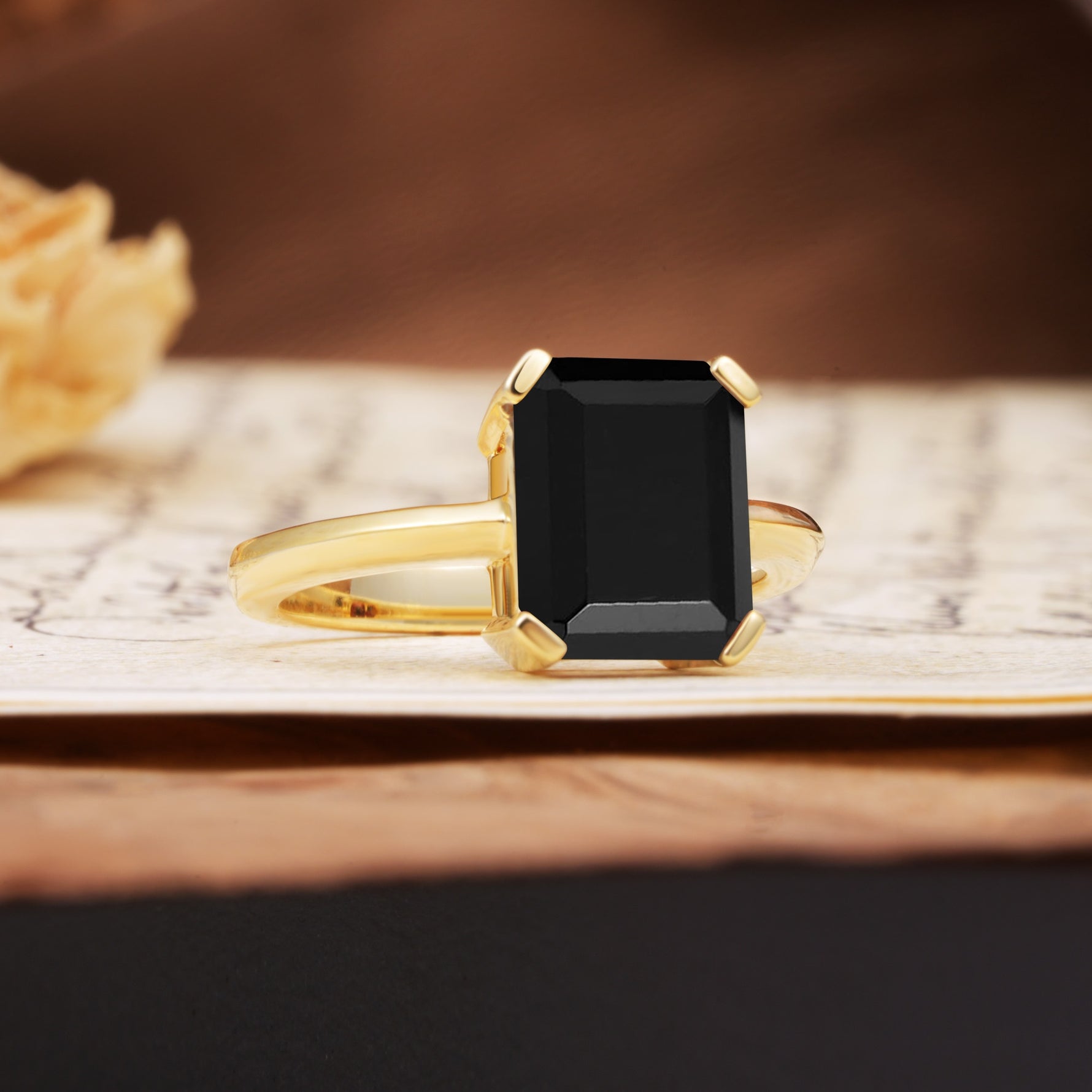 Classic 4 Prong Emerald Cut Black Onyx Statement Ring - Additional view
