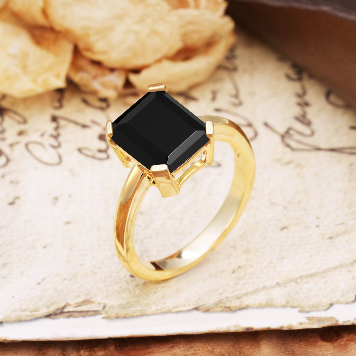 Classic 4 Prong Emerald Cut Black Onyx Statement Ring - Additional view