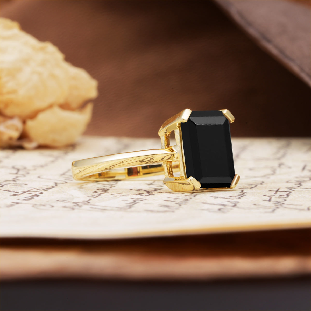 Classic 4 Prong Emerald Cut Black Onyx Statement Ring - Additional view