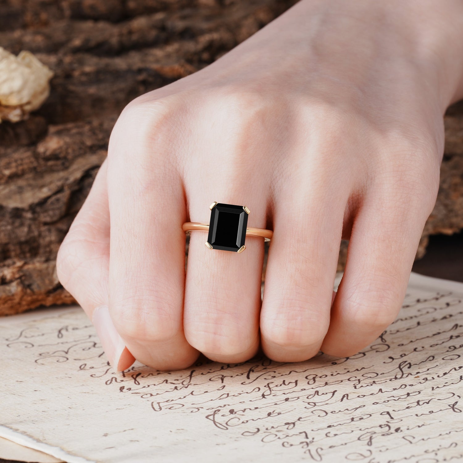 Classic 4 Prong Emerald Cut Black Onyx Statement Ring - Additional view