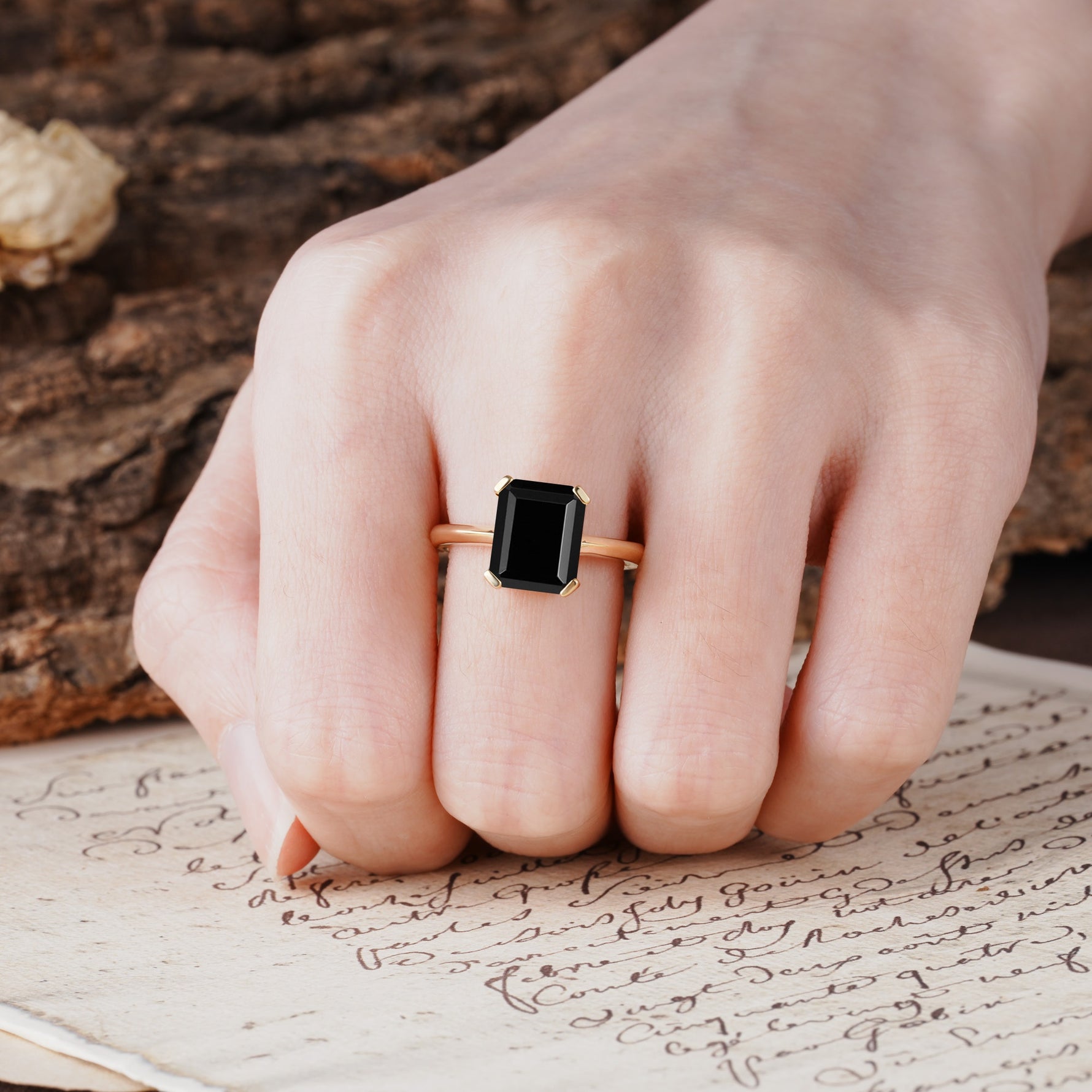 Classic 4 Prong Emerald Cut Black Onyx Statement Ring - Additional view