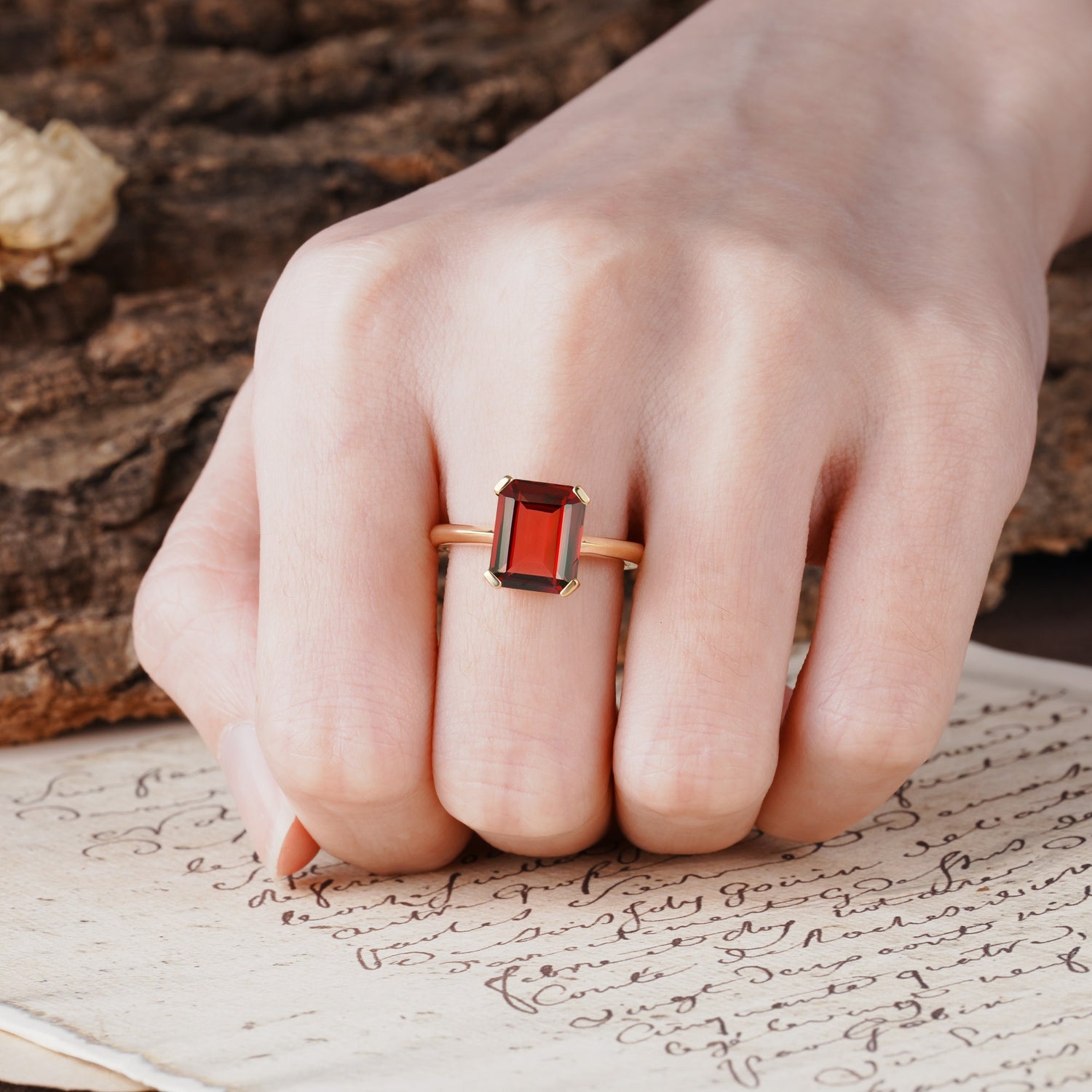 Classic 4 Prong Emerald Cut Garnet Statement Ring - Additional view