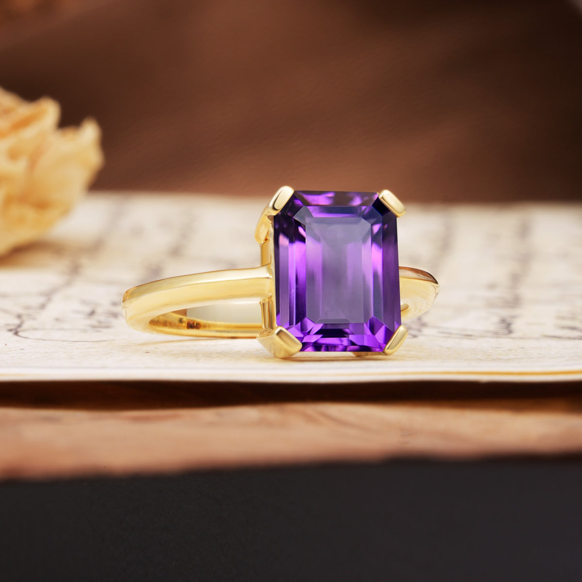 Classic 4 Prong Emerald Cut Amethyst Statement Ring - Additional view