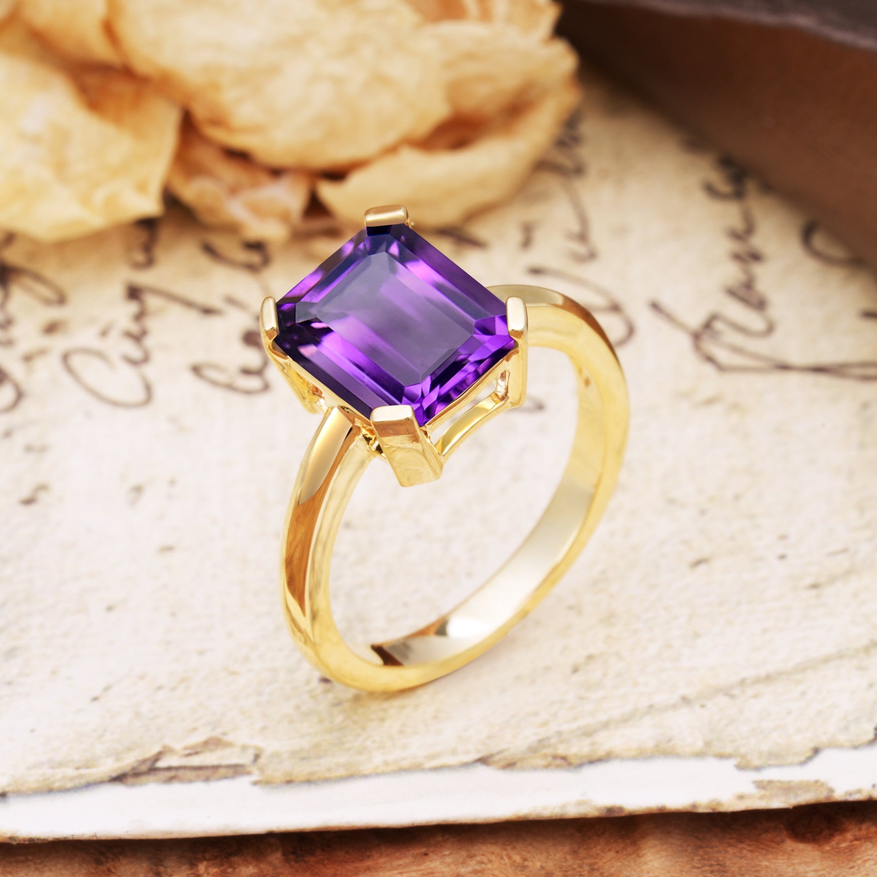Classic 4 Prong Emerald Cut Amethyst Statement Ring - Additional view