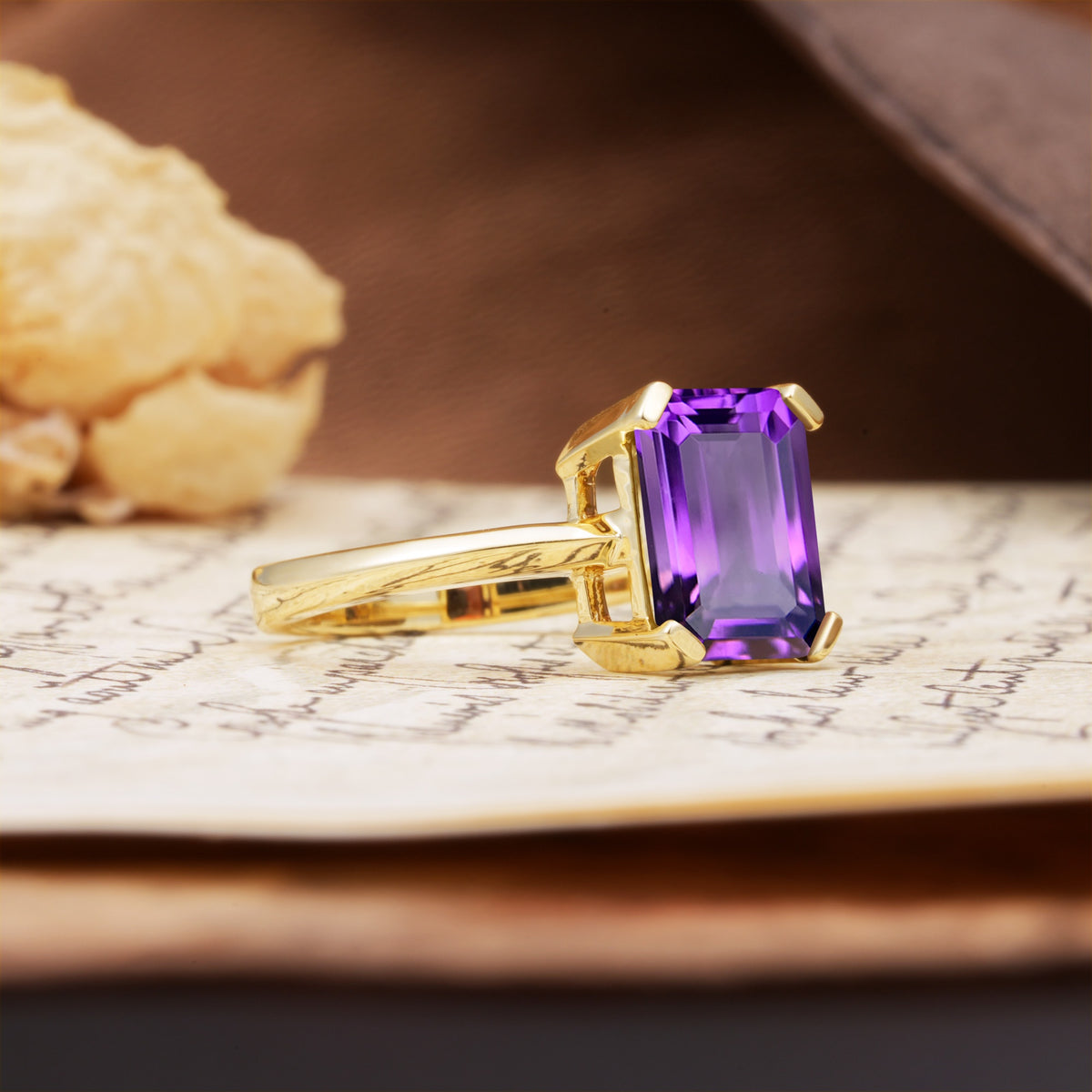 Classic 4 Prong Emerald Cut Amethyst Statement Ring - Additional view