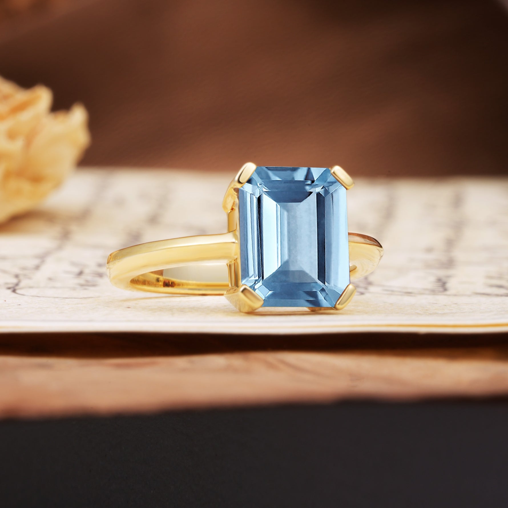 Classic 4 Prong Emerald Cut Aquamarine Statement Ring - Additional view