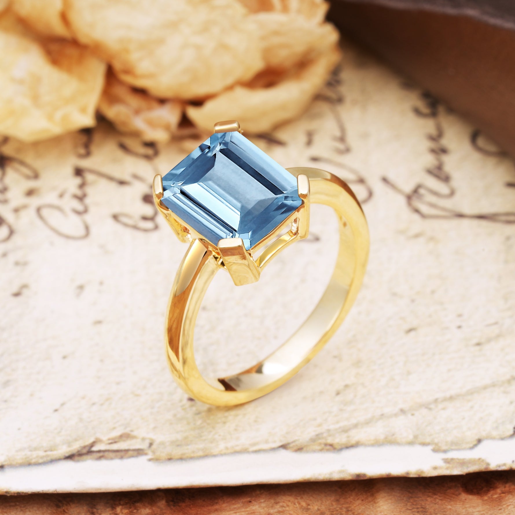 Classic 4 Prong Emerald Cut Aquamarine Statement Ring - Additional view