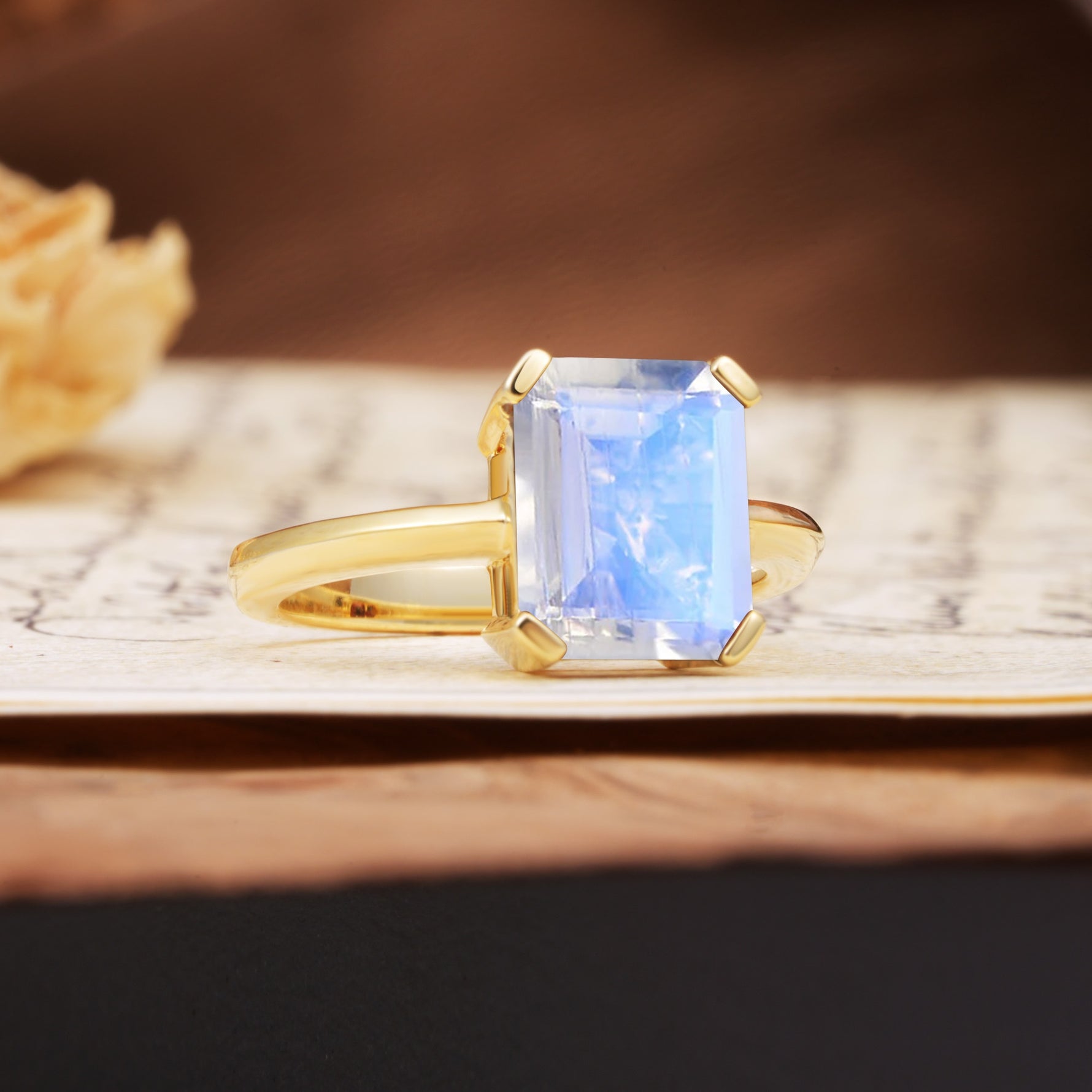 Classic 4 Prong Emerald Cut Moonstone Statement Ring - Additional view