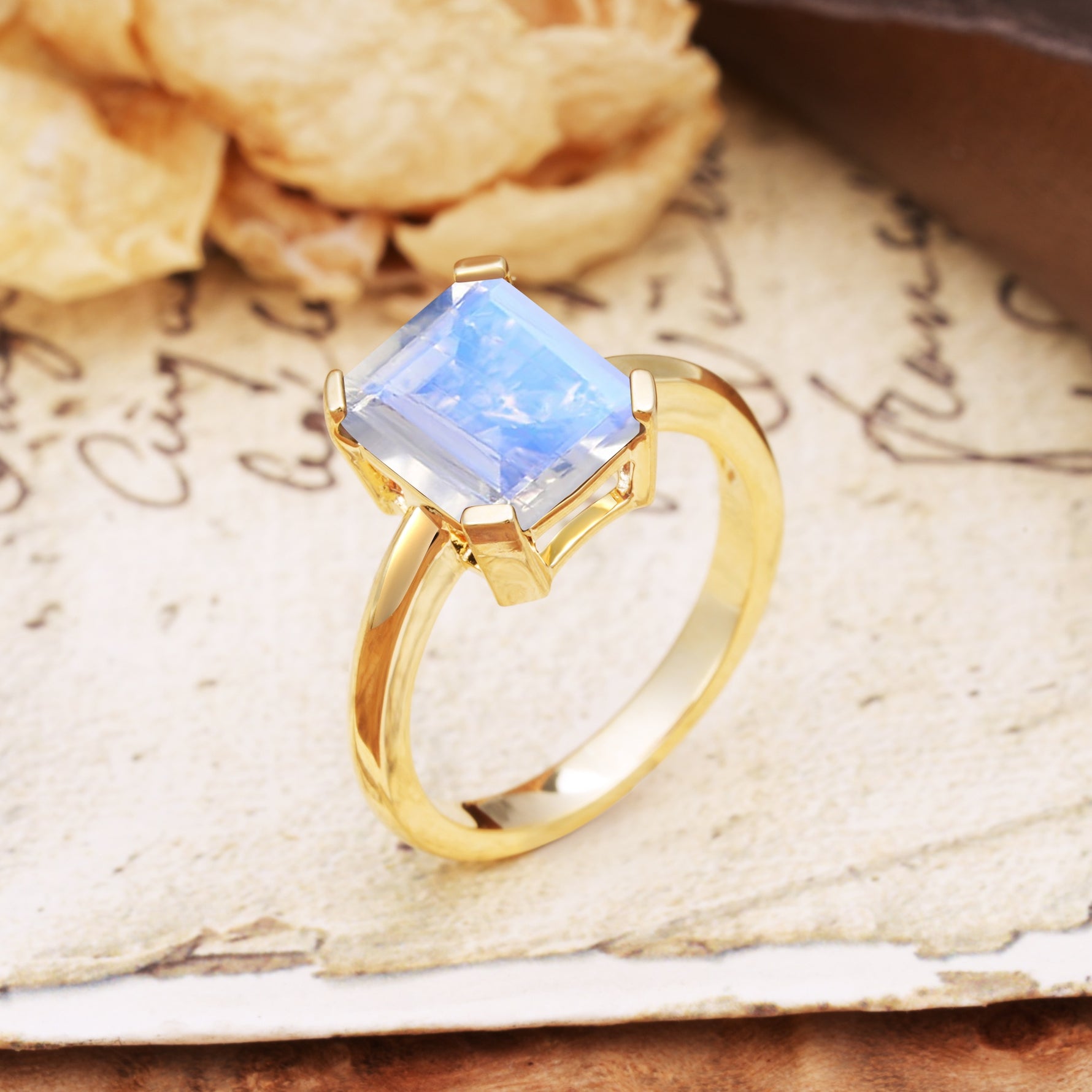 Classic 4 Prong Emerald Cut Moonstone Statement Ring - Additional view
