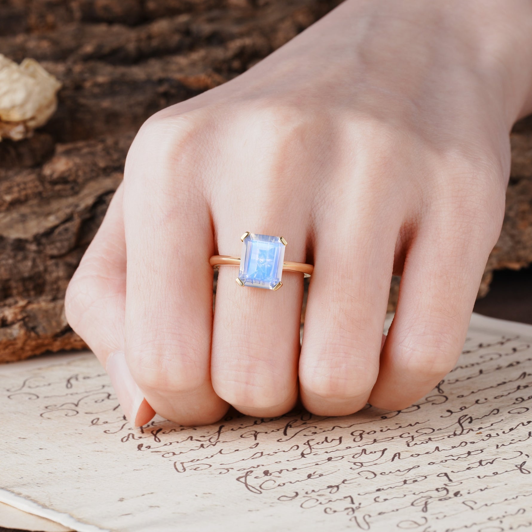 Classic 4 Prong Emerald Cut Moonstone Statement Ring - Additional view
