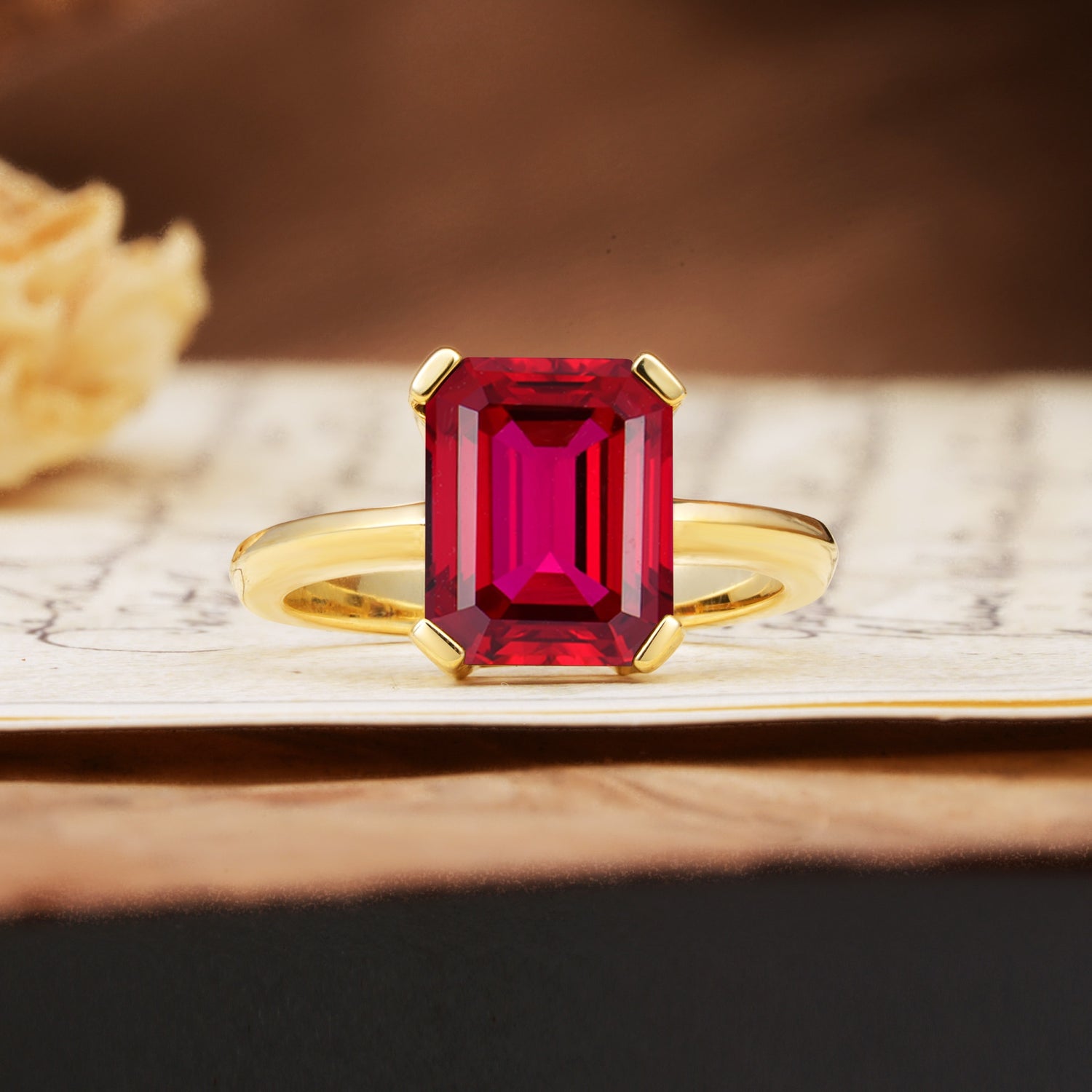 Classic 4 Prong Emerald Cut Ruby Statement Ring - Additional view