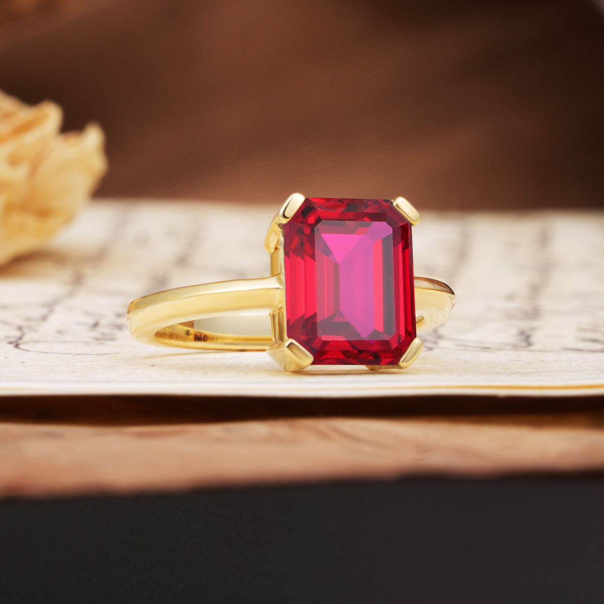 Classic 4 Prong Emerald Cut Ruby Statement Ring - Additional view