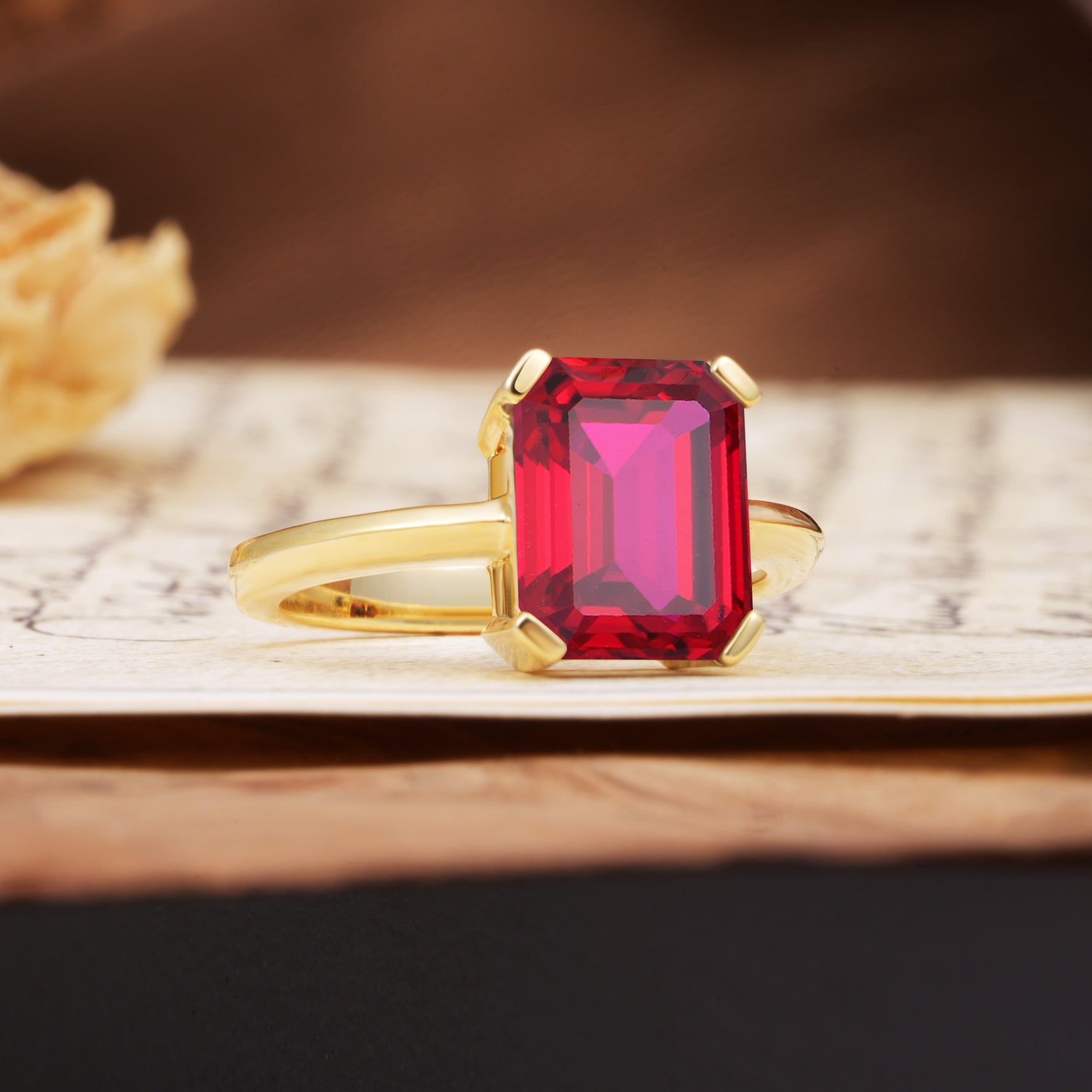 Classic 4 Prong Emerald Cut Ruby Statement Ring - Additional view