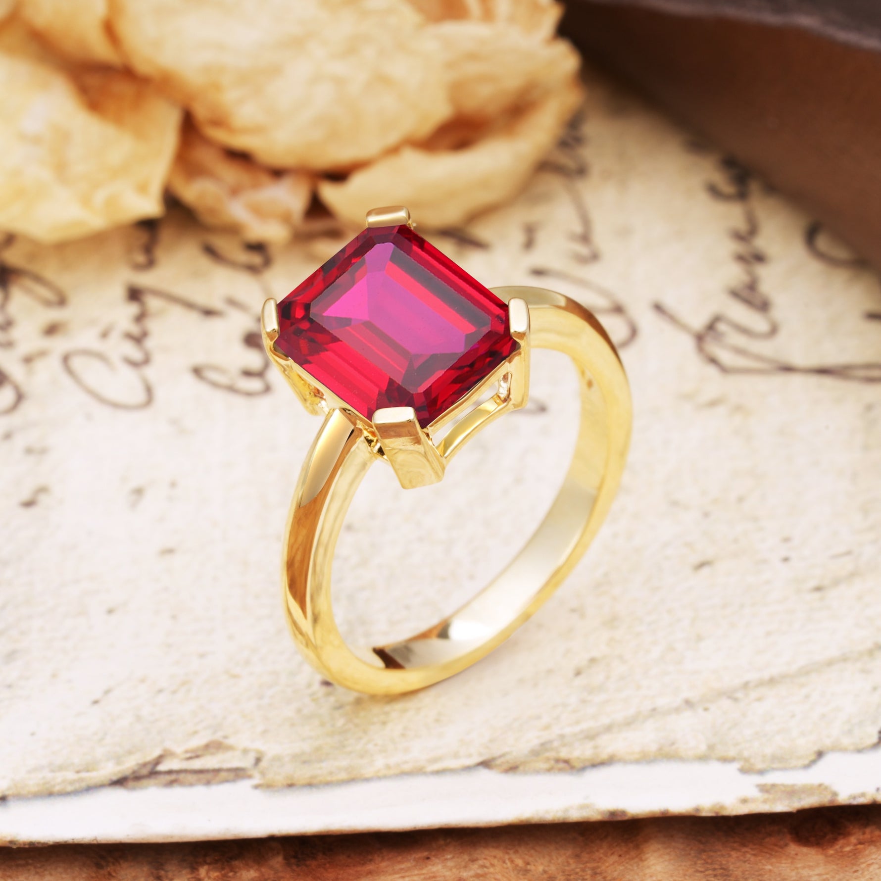 Classic 4 Prong Emerald Cut Ruby Statement Ring - Additional view