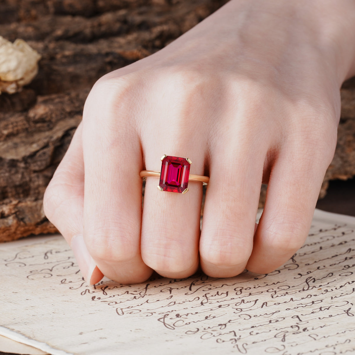 Classic 4 Prong Emerald Cut Ruby Statement Ring - Additional view
