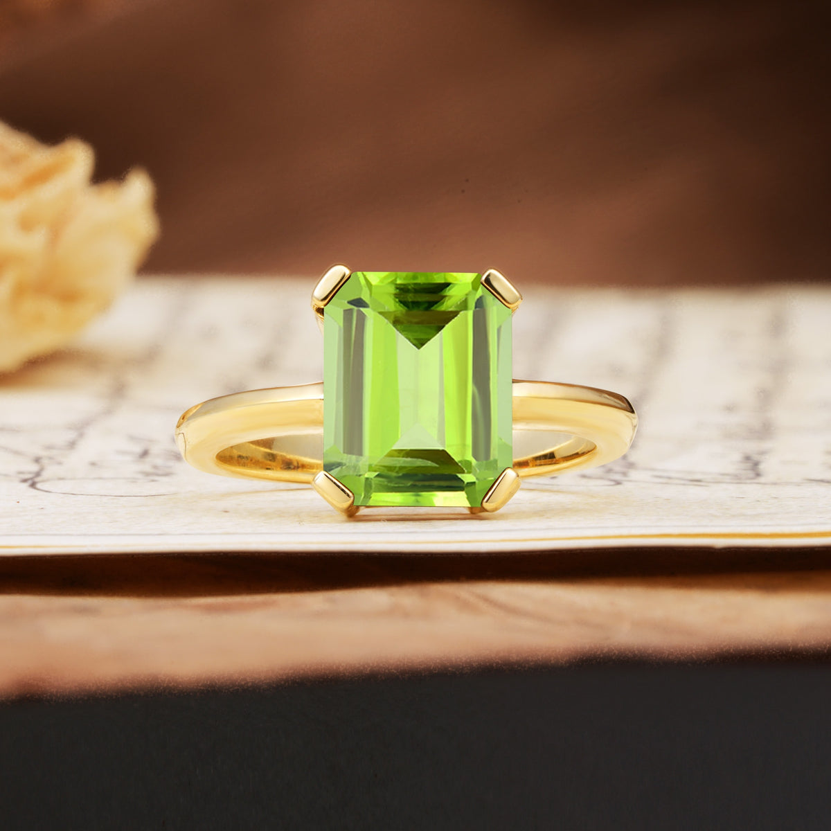 Classic 4 Prong Emerald Cut Peridot Statement Ring - Additional view