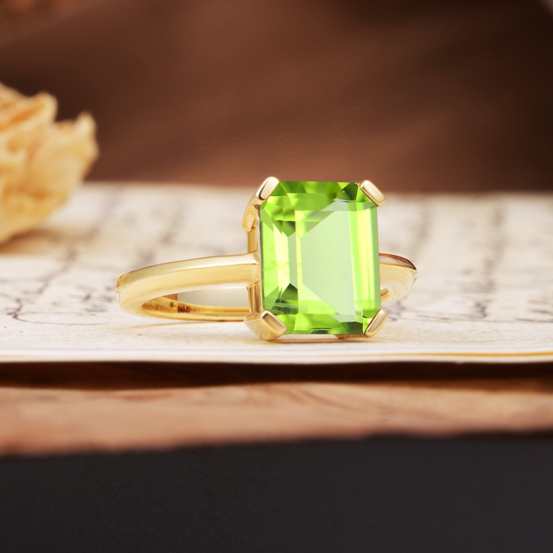 Classic 4 Prong Emerald Cut Peridot Statement Ring - Additional view
