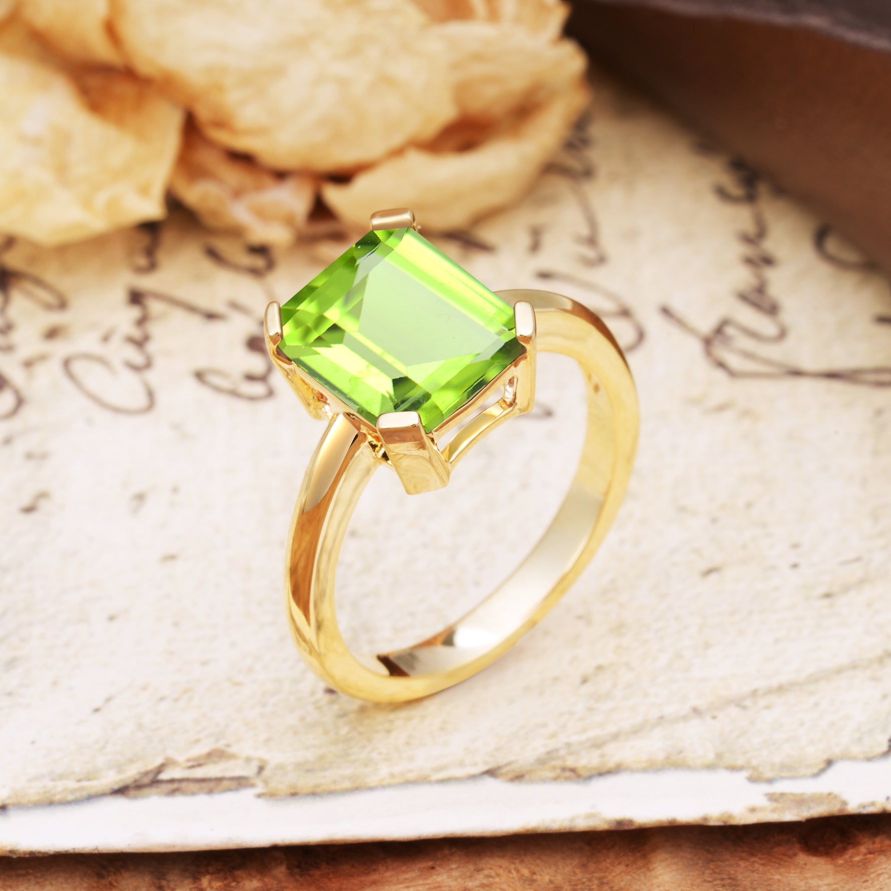 Classic 4 Prong Emerald Cut Peridot Statement Ring - Additional view