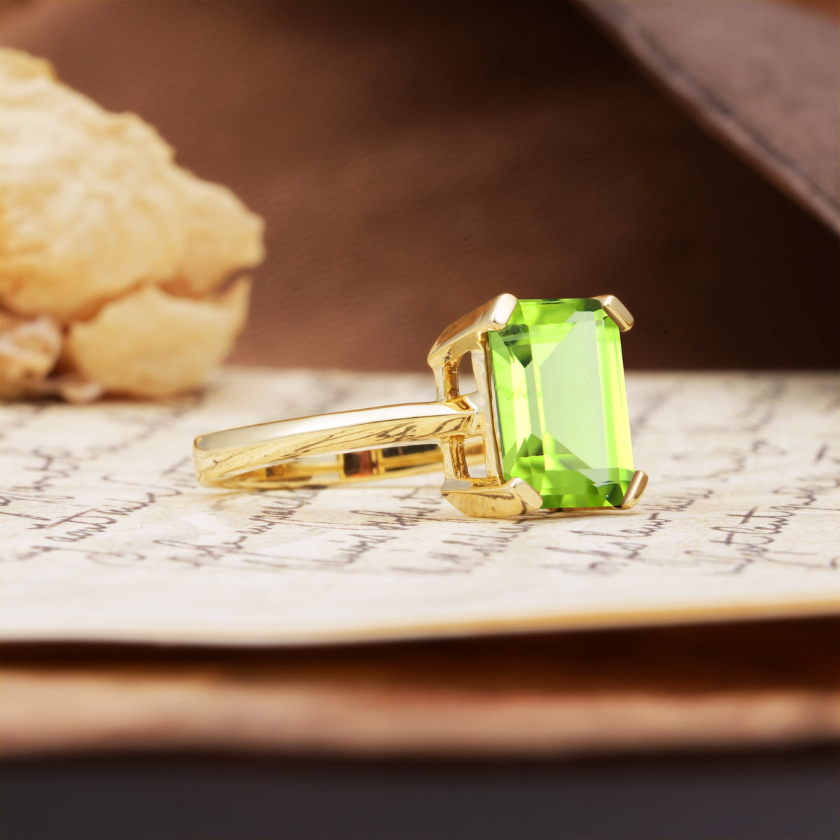Classic 4 Prong Emerald Cut Peridot Statement Ring - Additional view