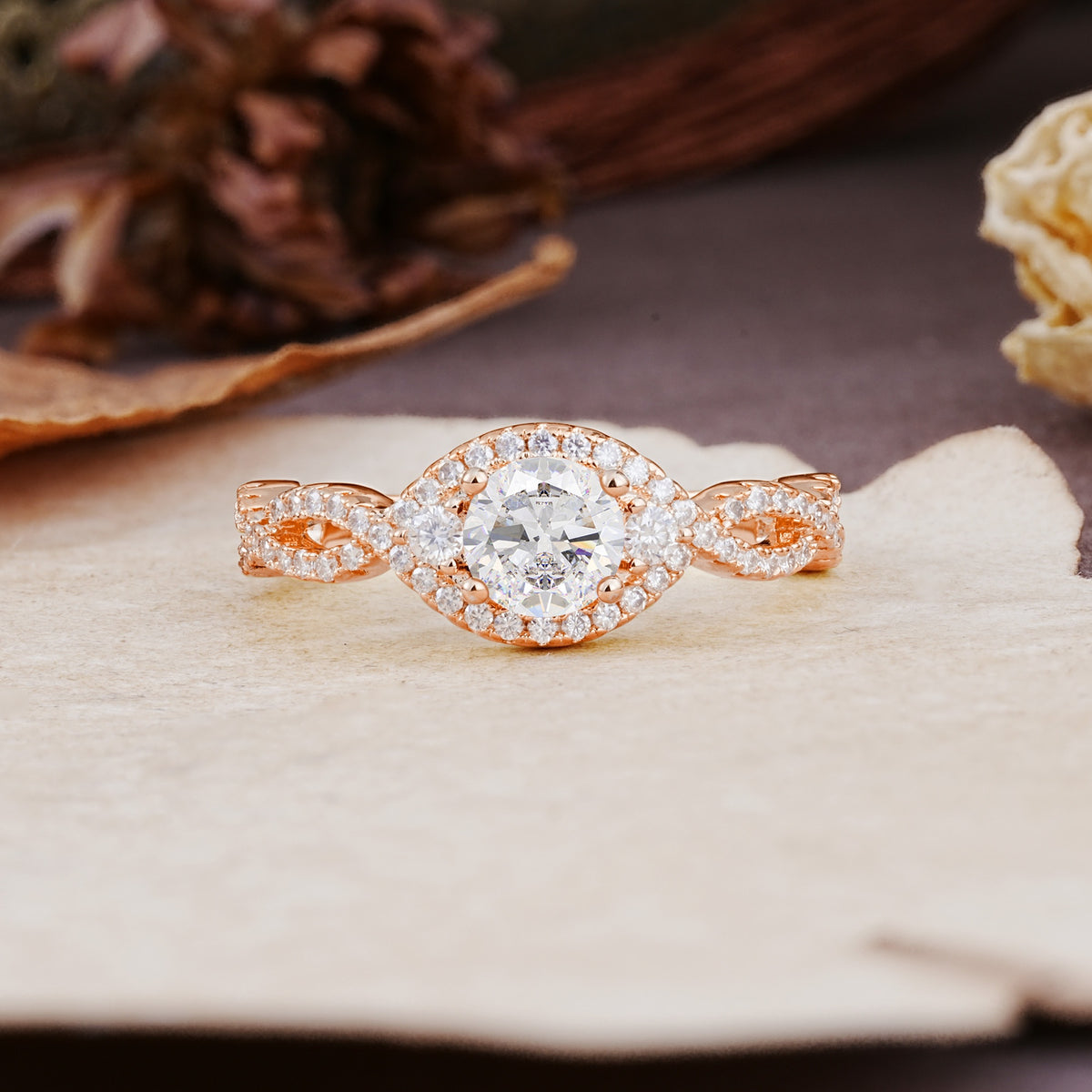 Vintage Round Cut Moissanite Halo Twisted Engagement Ring - Additional view