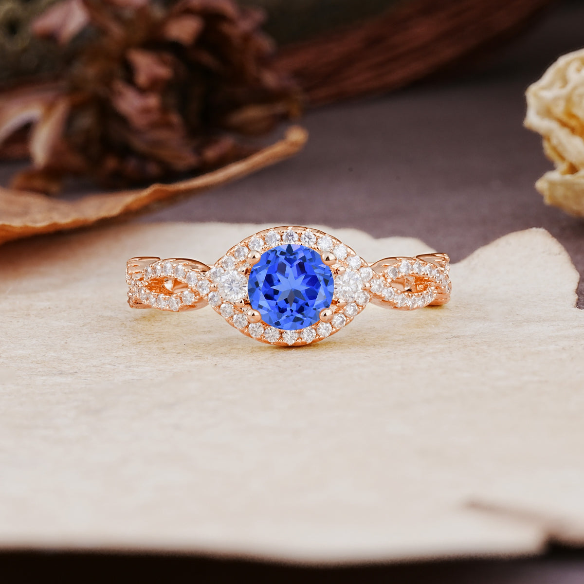 Vintage Round Cut Sapphire Halo Twisted Engagement Ring - Additional view