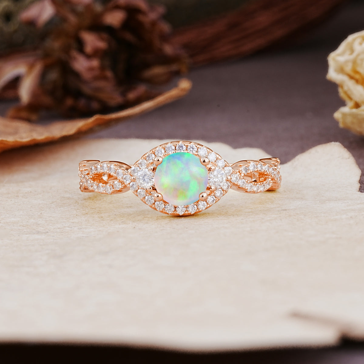 Vintage Round Cut Fire Opal Halo Twisted Engagement Ring - Additional view