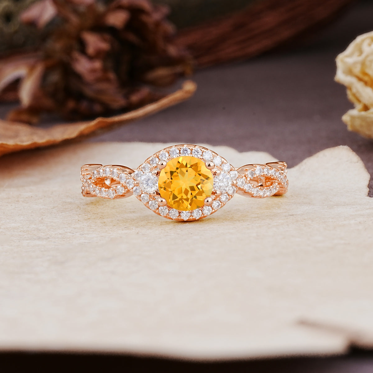 Vintage Round Cut Citrine Halo Twisted Engagement Ring - Additional view