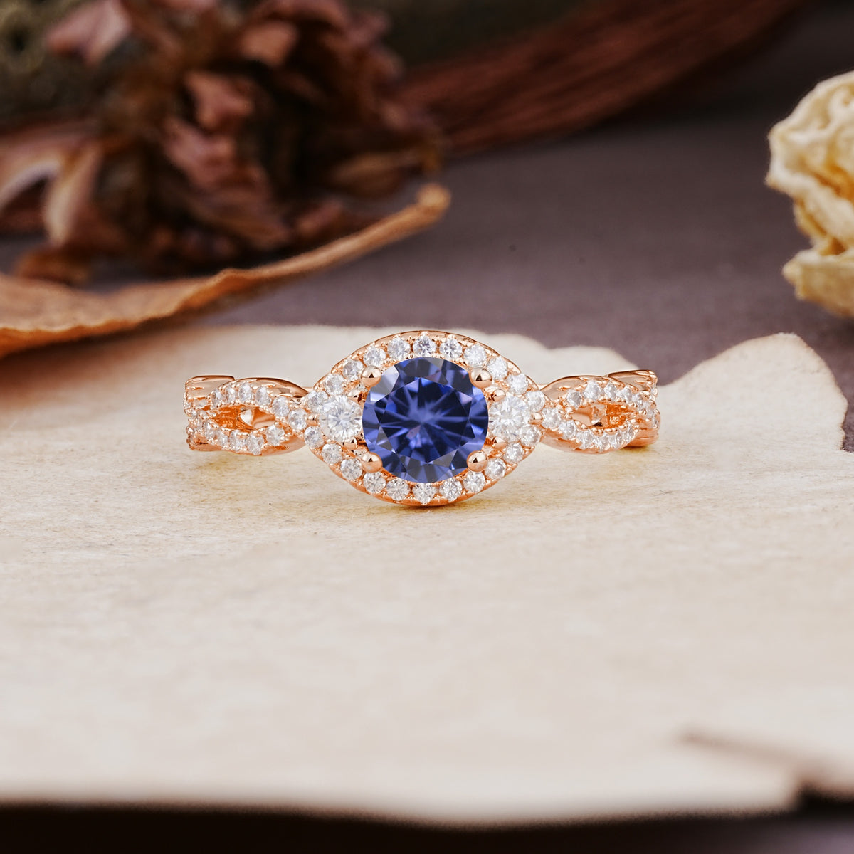 Vintage Round Cut Tanzanite Halo Twisted Engagement Ring - Additional view