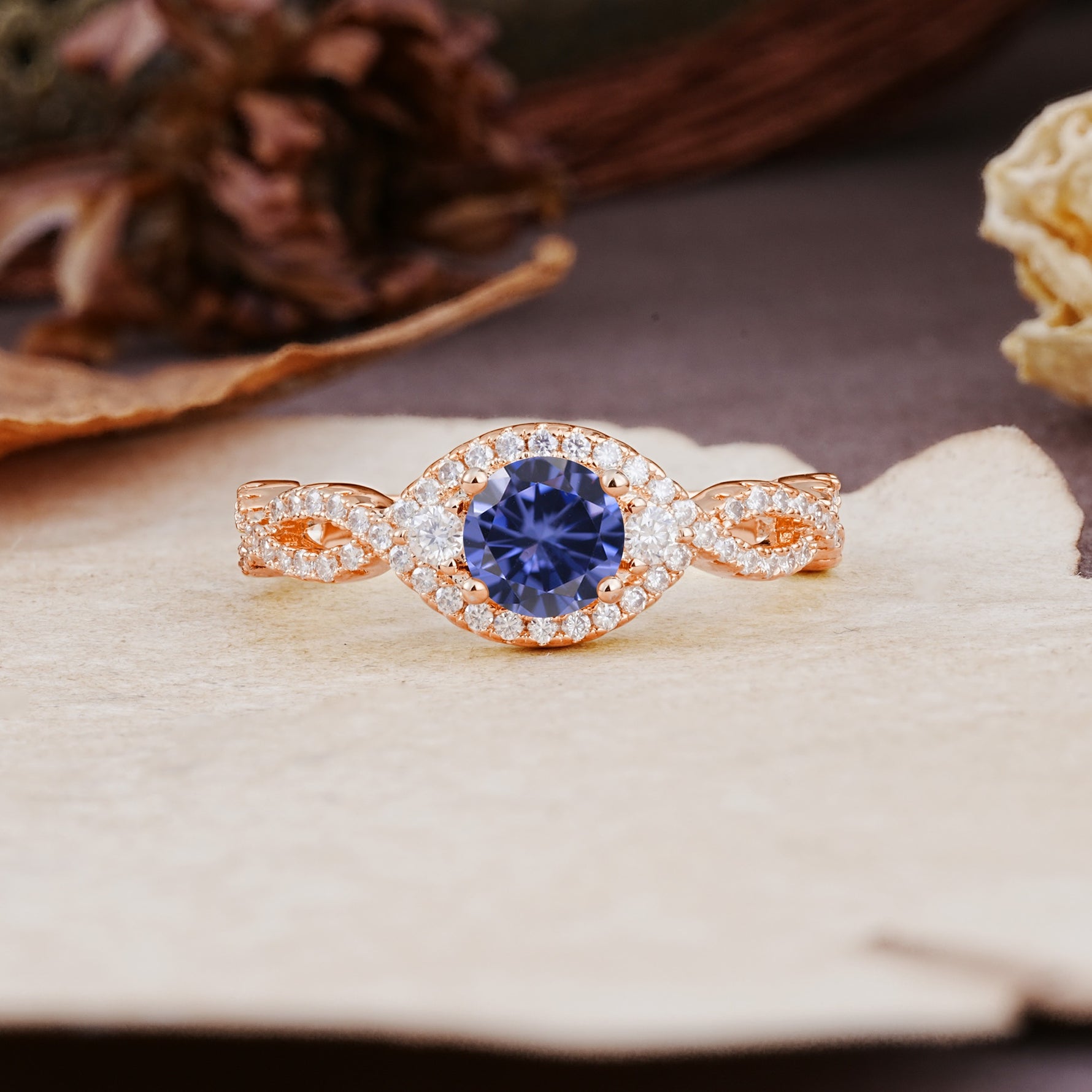 Vintage Round Cut Tanzanite Halo Twisted Engagement Ring - Additional view