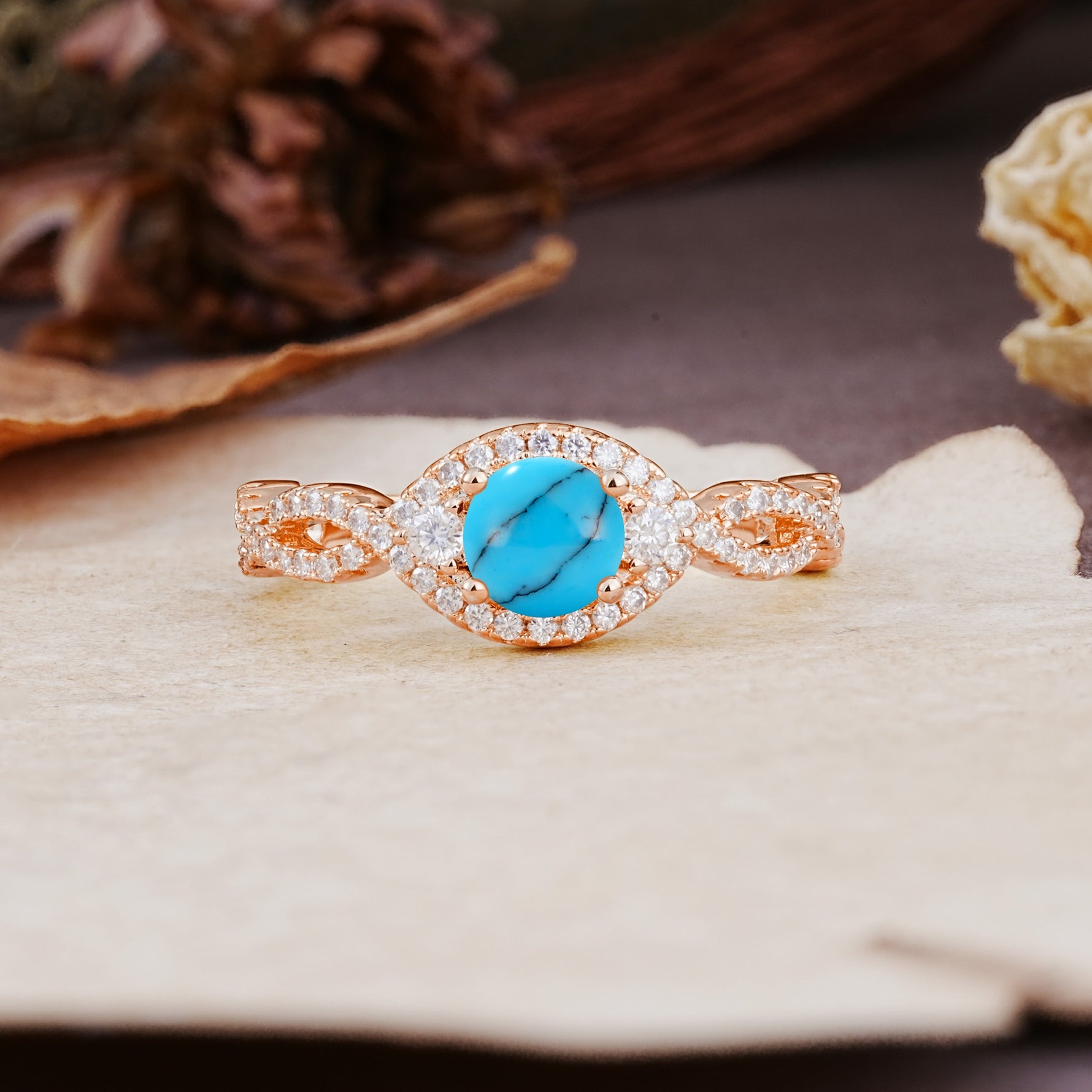 Vintage Round Cut Turquoise Halo Twisted Engagement Ring - Additional view