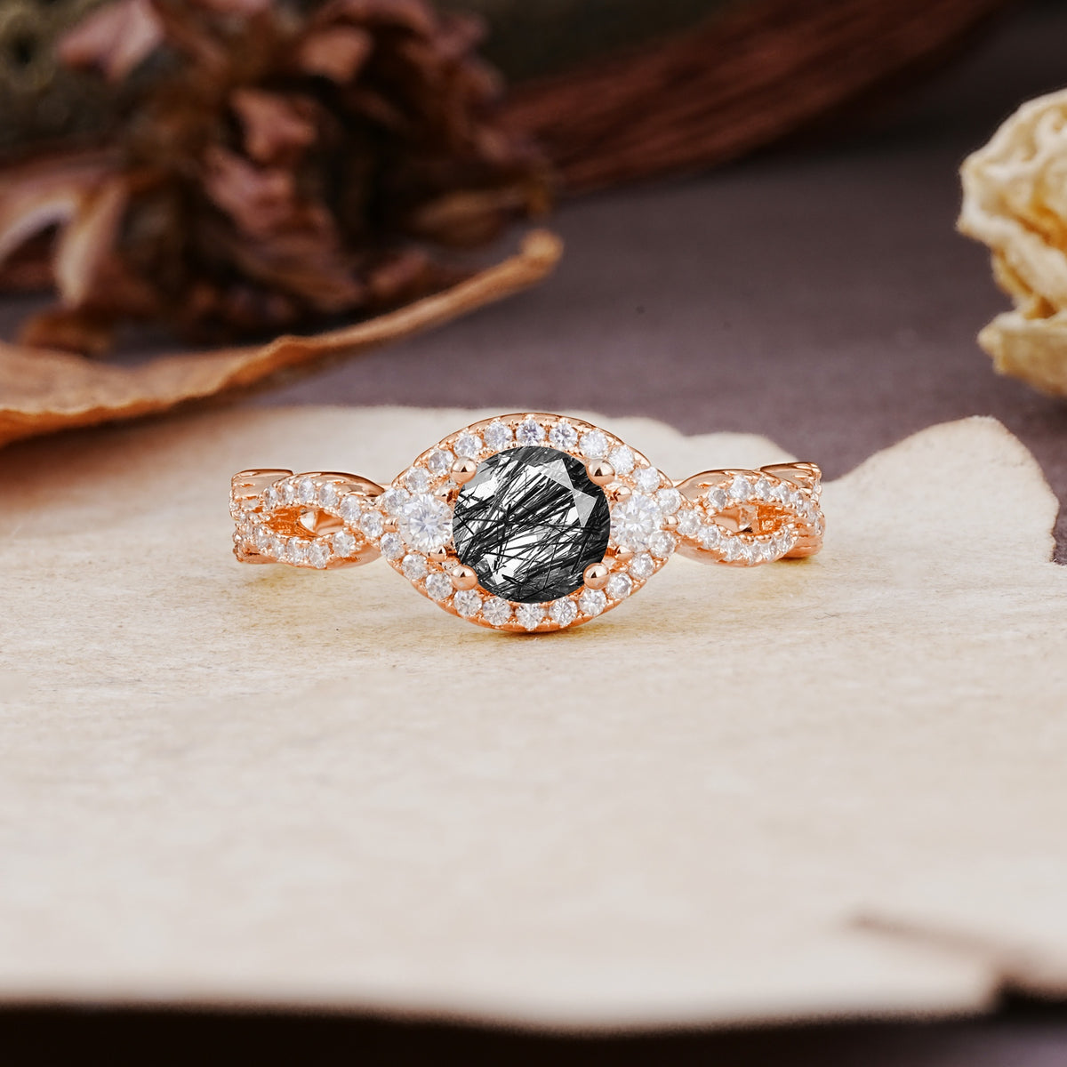 Vintage Round Cut Black Rutilated Quartz Halo Twisted Engagement Ring - Additional view