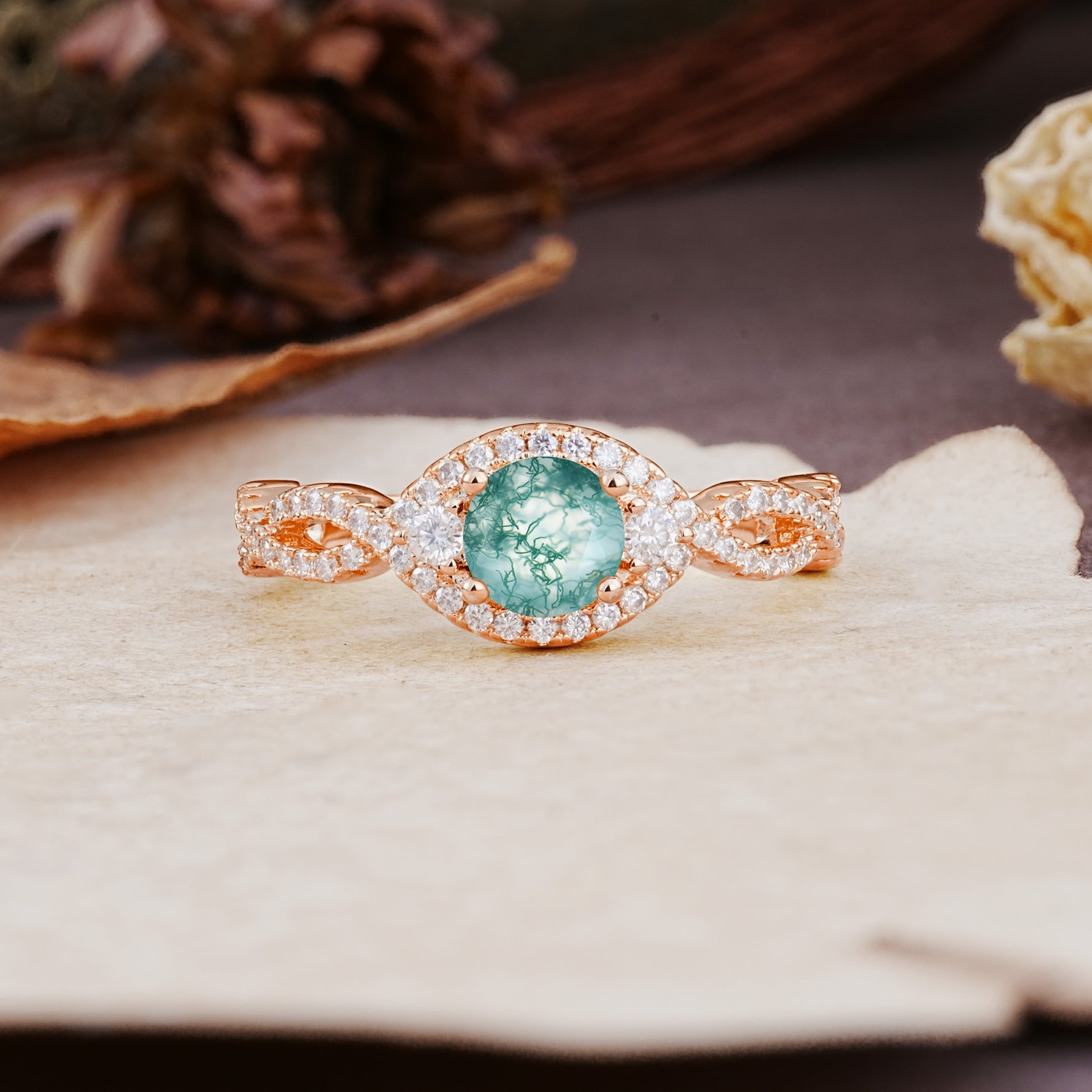 Vintage Round Cut Moss Agate Halo Twisted Engagement Ring - Additional view