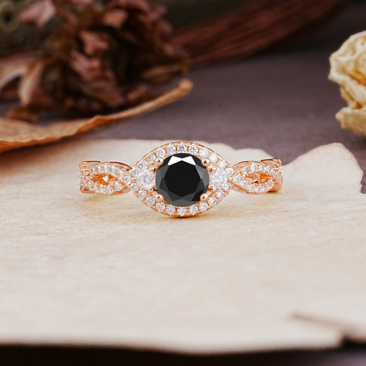 Vintage Round Cut Black Onyx Halo Twisted Engagement Ring - Additional view