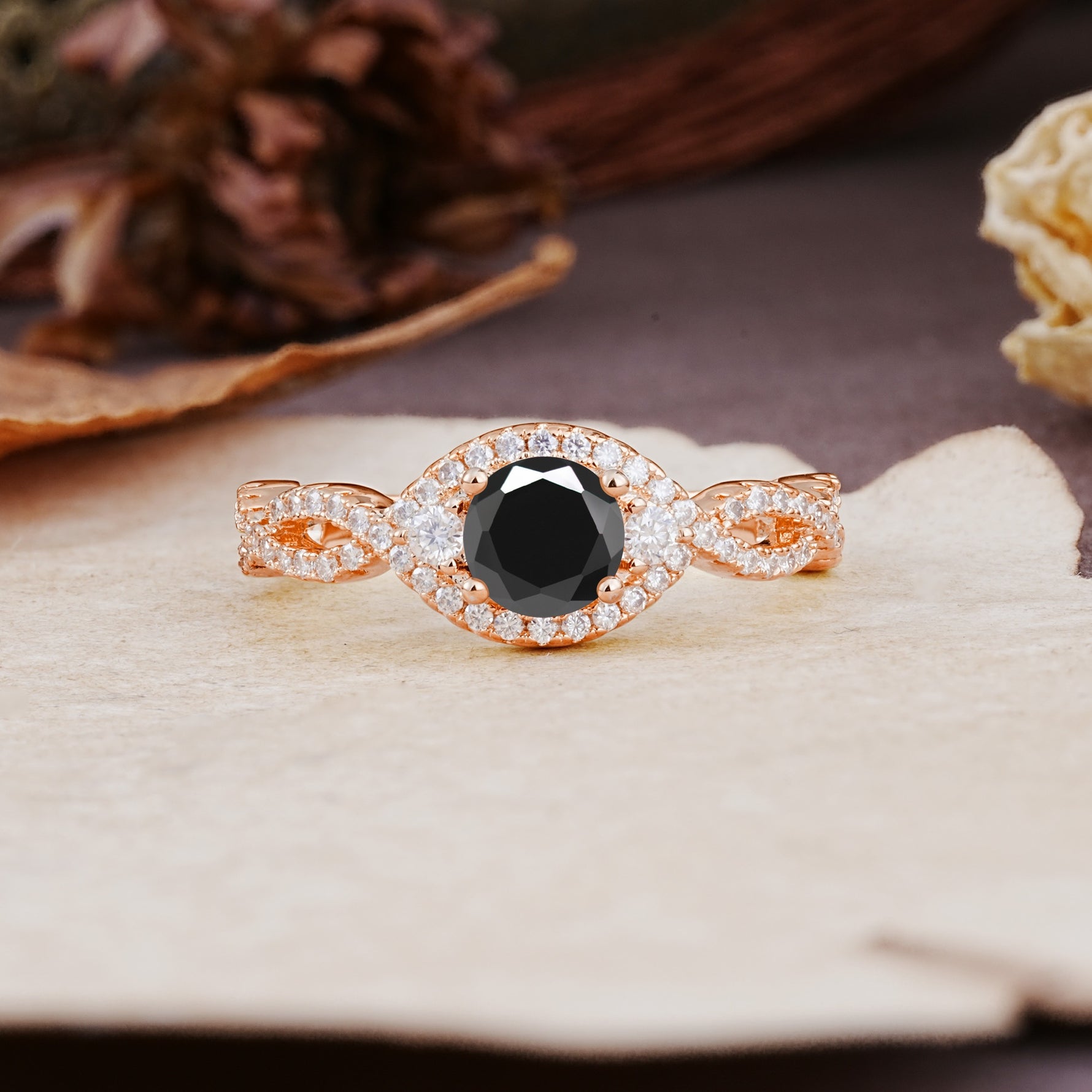 Vintage Round Cut Black Onyx Halo Twisted Engagement Ring - Additional view