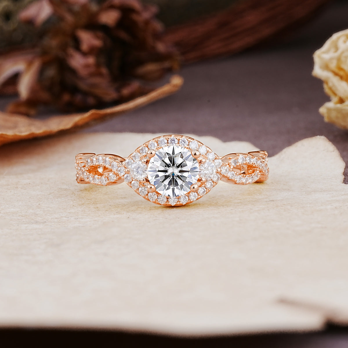 Vintage Round Cut Lab Diamond Halo Twisted Engagement Ring - Additional view
