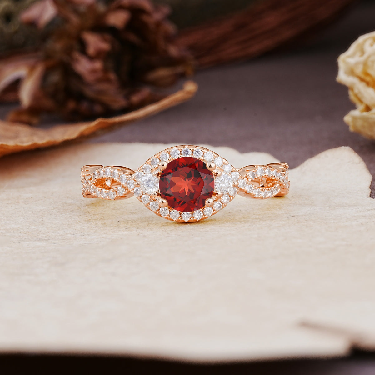 Vintage Round Cut Garnet Halo Twisted Engagement Ring - Additional view