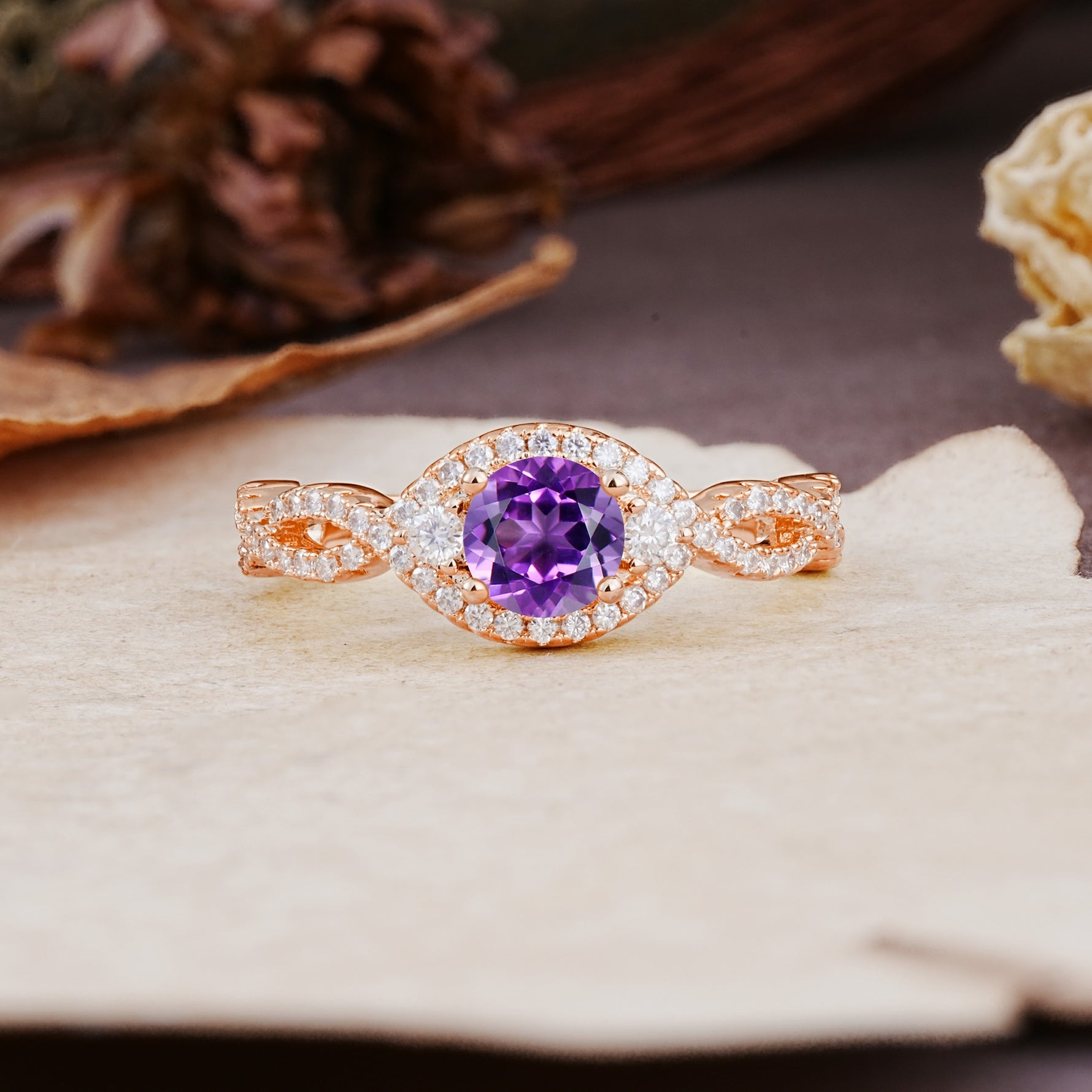 Vintage Round Cut Amethyst Halo Twisted Engagement Ring - Additional view