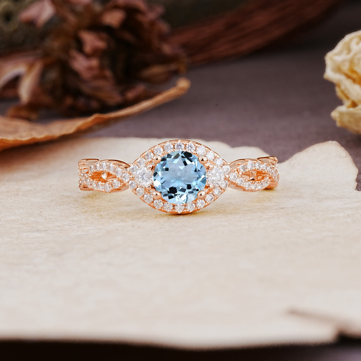 Vintage Round Cut Aquamarine Halo Twisted Engagement Ring - Additional view