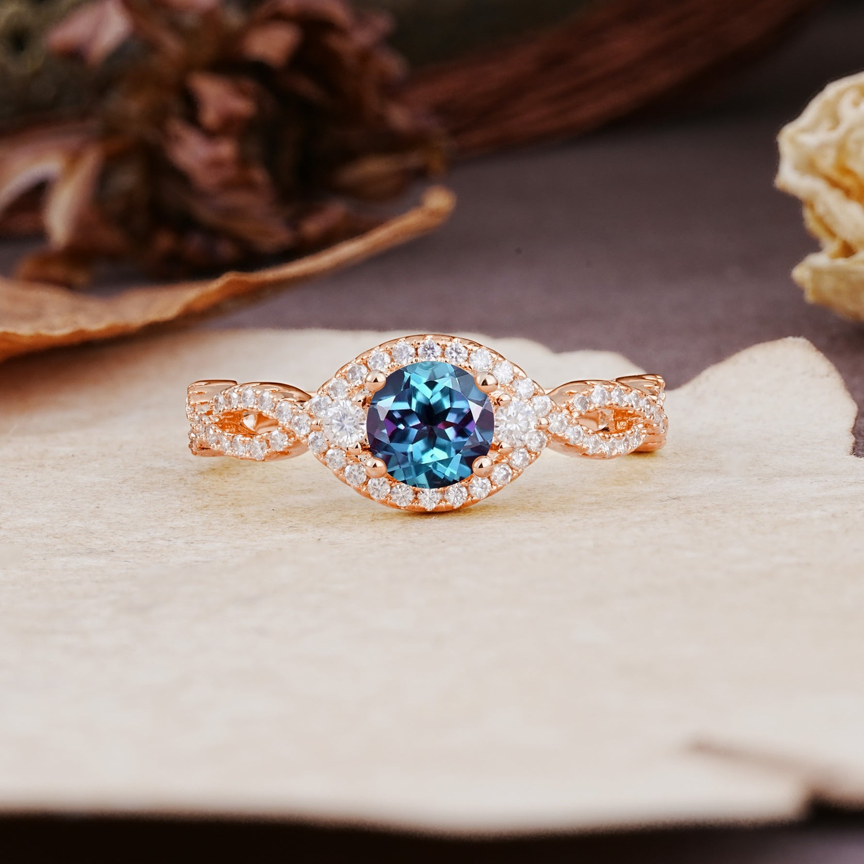 Vintage Round Cut Alexandrite Halo Twisted Engagement Ring - Additional view