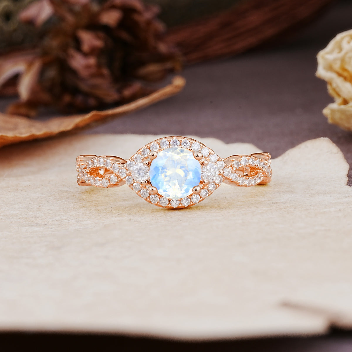 Vintage Round Cut Moonstone Halo Twisted Engagement Ring - Additional view