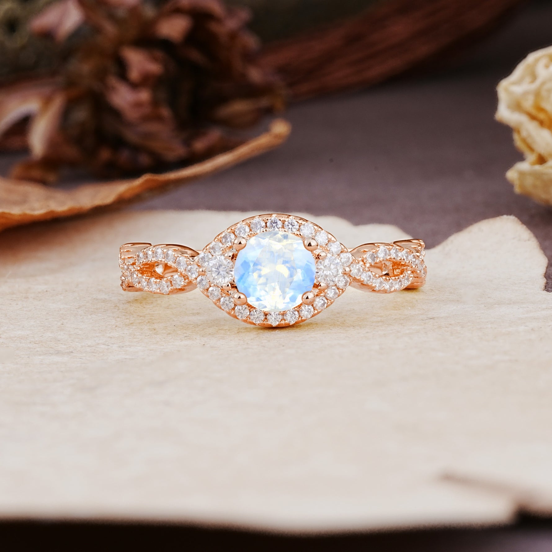 Vintage Round Cut Moonstone Halo Twisted Engagement Ring - Additional view
