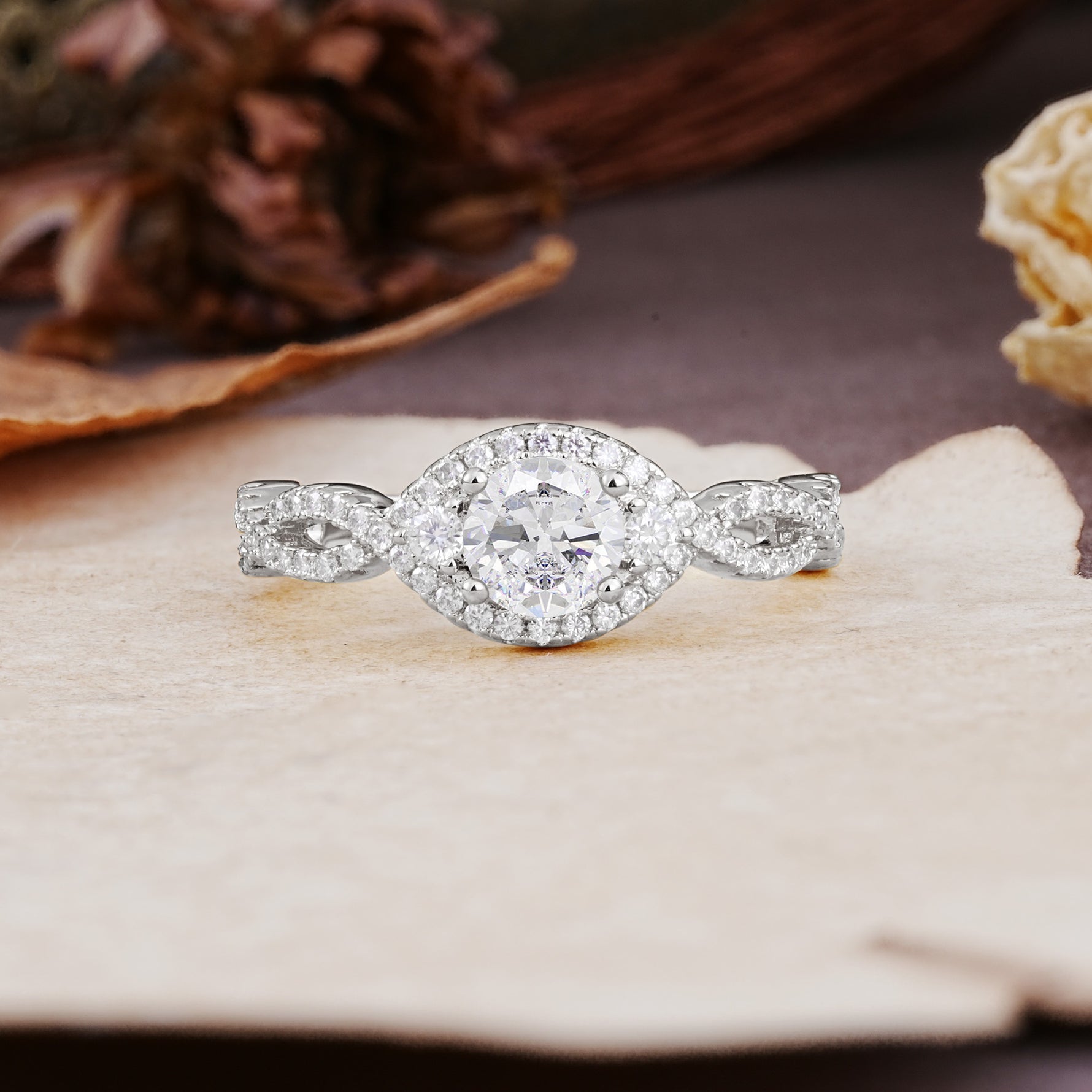 Vintage Round Cut Moissanite Halo Twisted Engagement Ring - Additional view