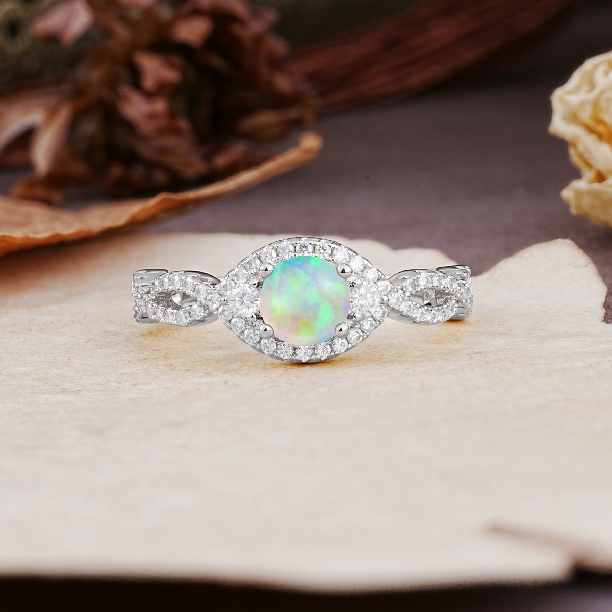 Vintage Round Cut Fire Opal Halo Twisted Engagement Ring - Additional view