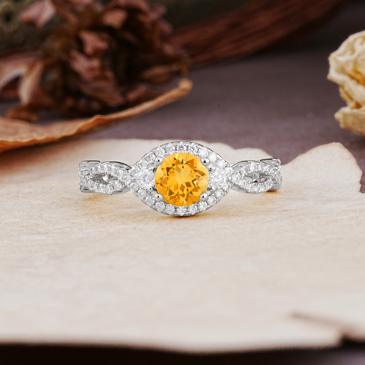 Vintage Round Cut Citrine Halo Twisted Engagement Ring - Additional view
