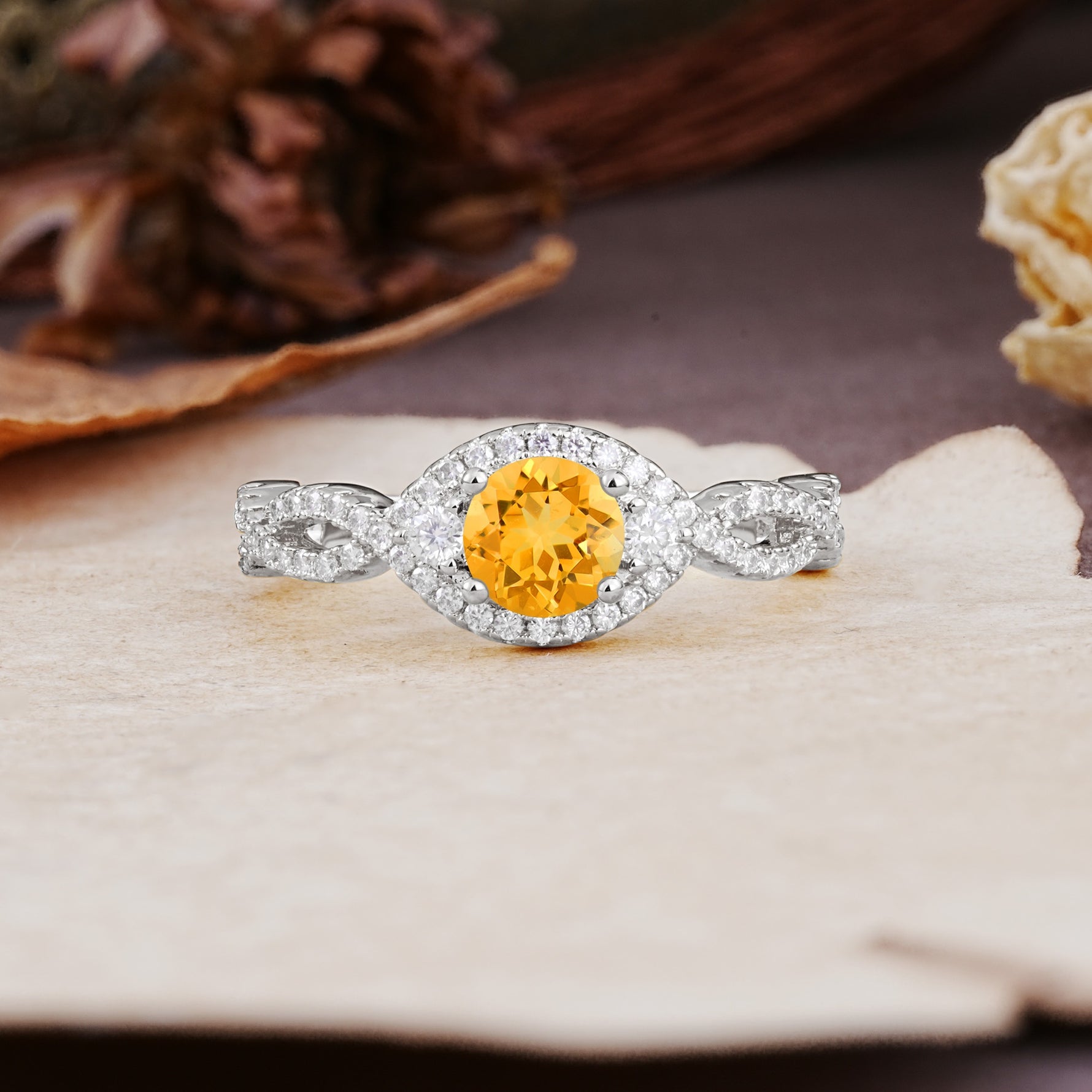 Vintage Round Cut Citrine Halo Twisted Engagement Ring - Additional view