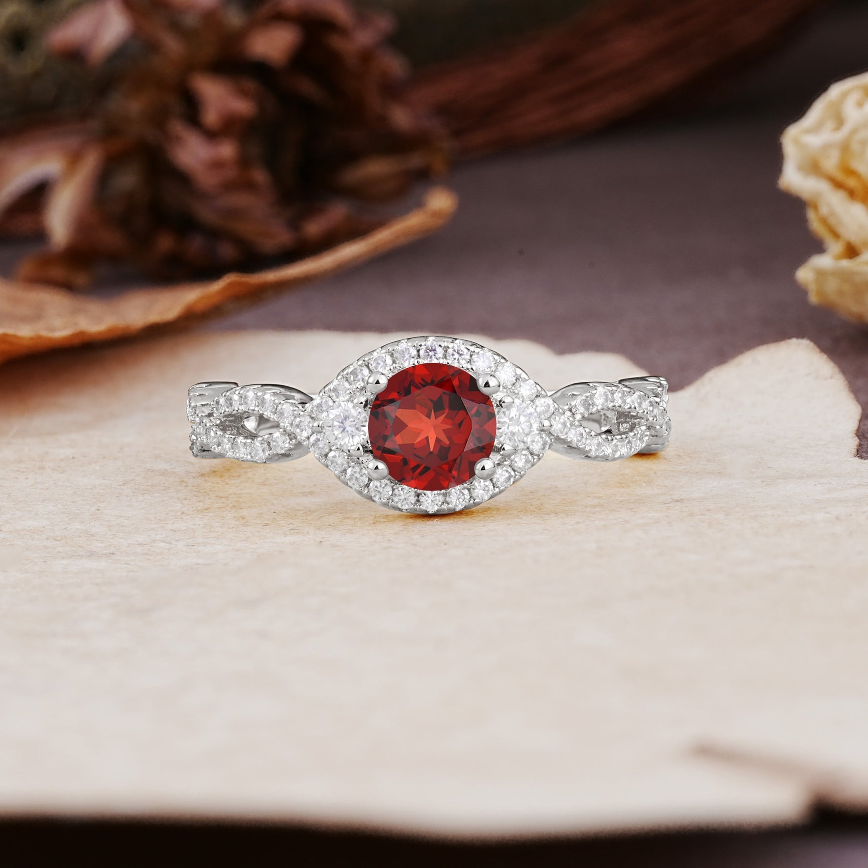 Vintage Round Cut Garnet Halo Twisted Engagement Ring - Additional view
