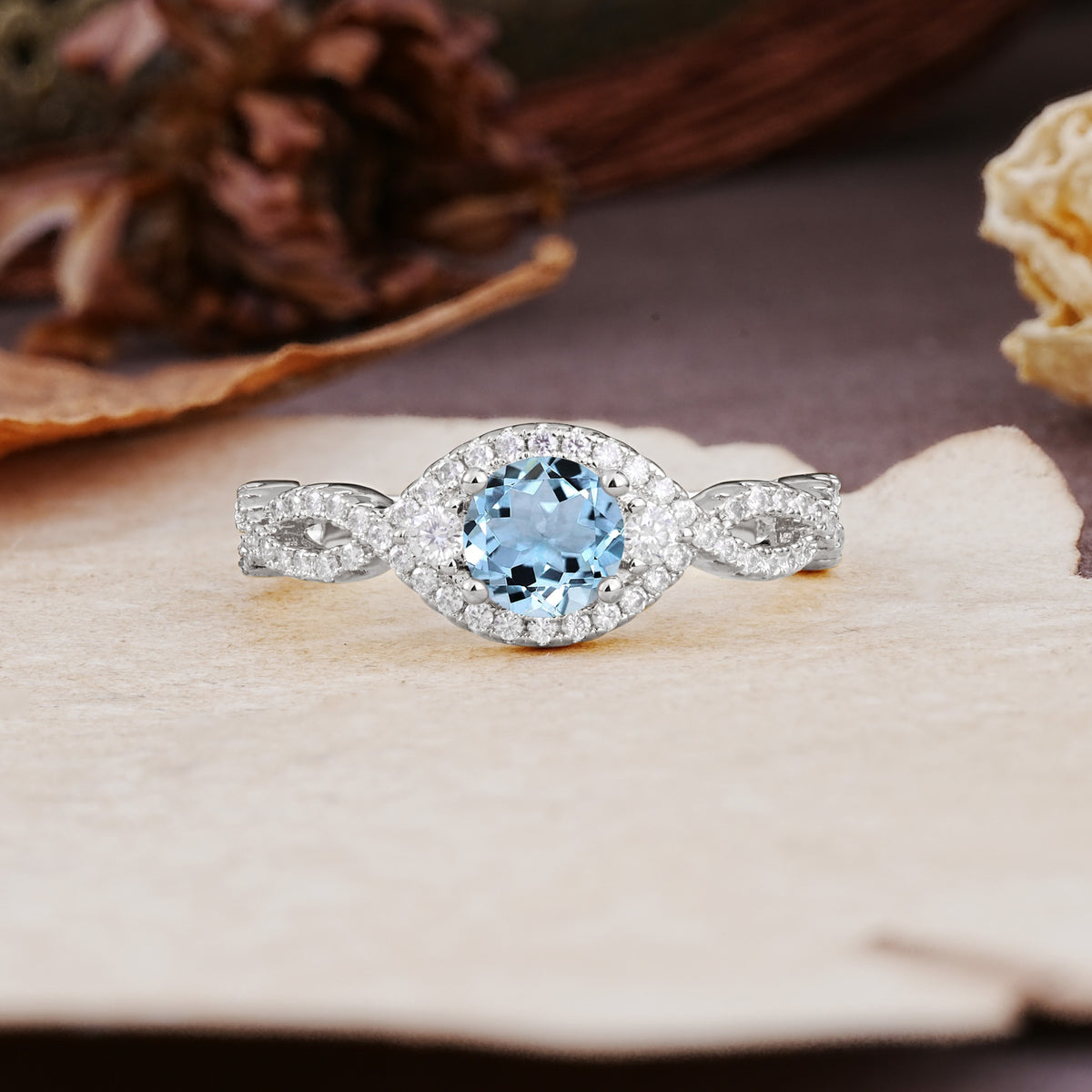 Vintage Round Cut Aquamarine Halo Twisted Engagement Ring - Additional view